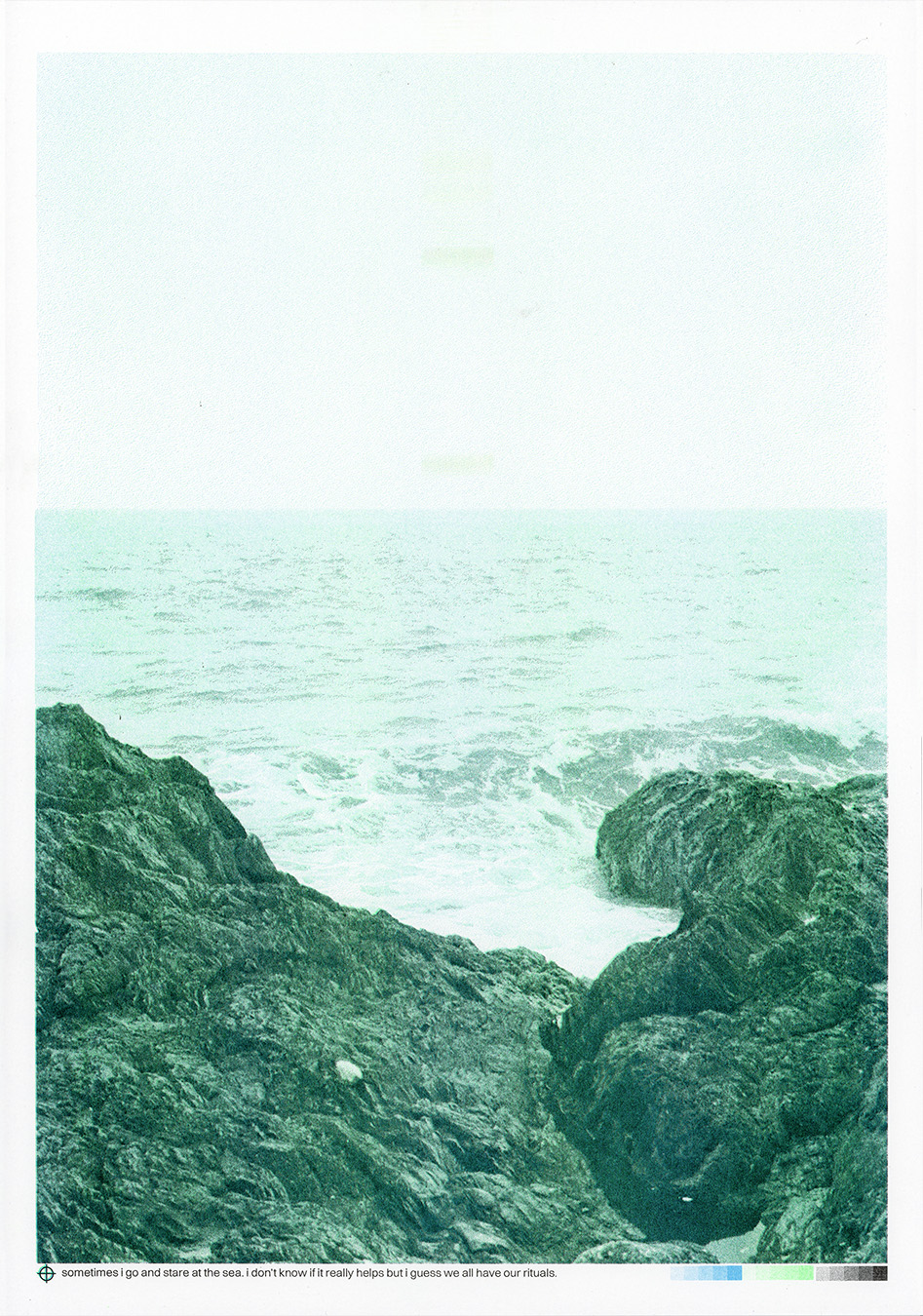 risograph: sea: it's a two colour risograph print showing ocean waves roughly crashing on to rough rocks.